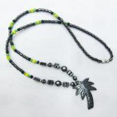 Green Wooden Beads Hematite  Coconut trees Pendant Necklace 24inch